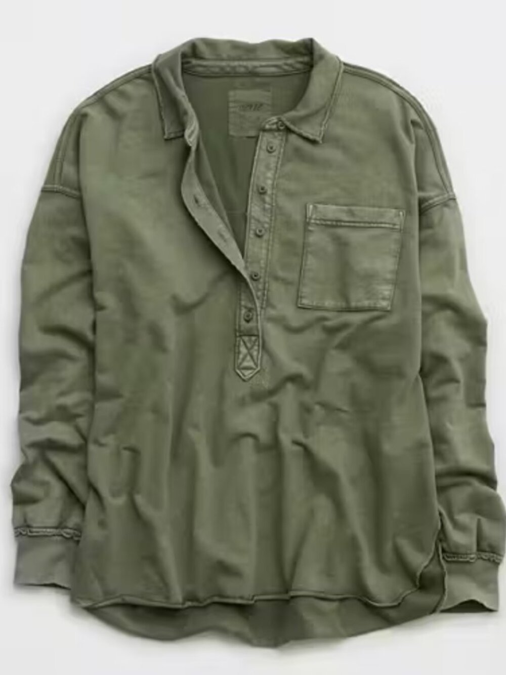 Aerie Take It Easy Popover Polo Sweatshirt Olive Green Size Small Oversized